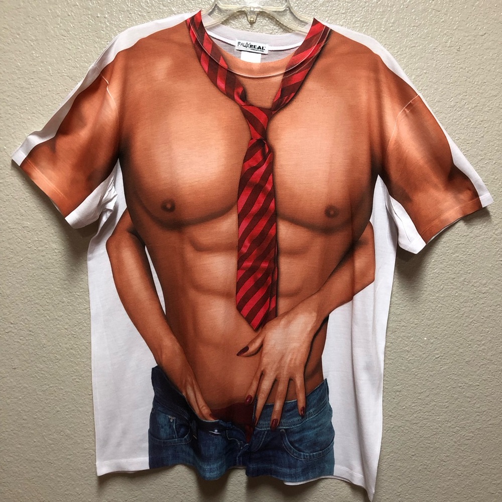 FAUX Real Men's Muscle 3D T-Shirt Red Tie Design.Size L. Color Sexy Man Handling